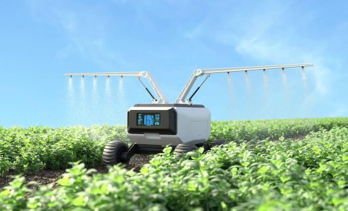 Agricultural robots work in smart farms, Robot spraying fertiliz Agricultural robots work in smart farms, Robot spraying fertilizer in the vegetable garden, Smart agriculture farming concept. 3D illustration